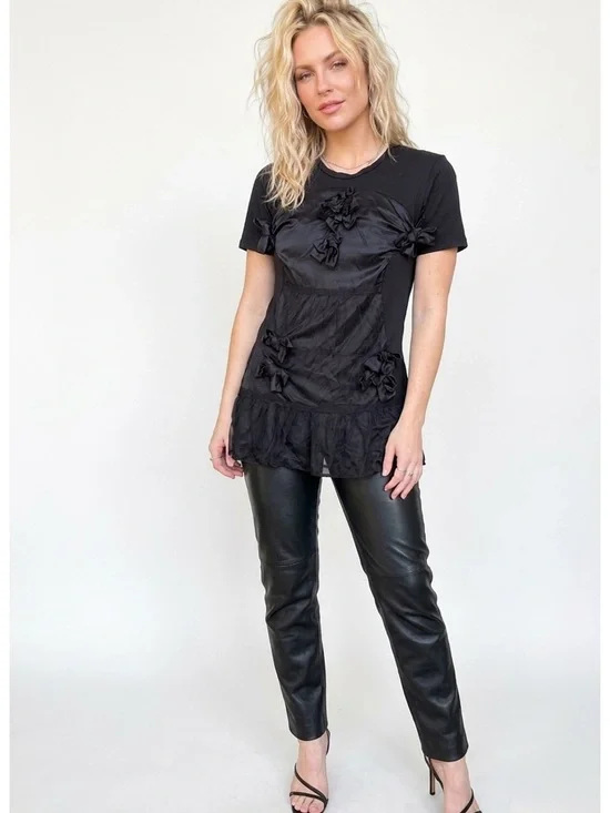 McQ Alexander McQueen Sheer Bow Mesh Overlay Ruffle Mixed Media Goth Shirt Top M - Picture 8 of 16